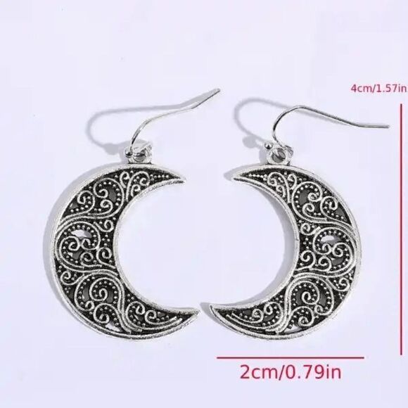 Crescent Moon Filagree Design Silver Dangle Earrings - Picture 5 of 5